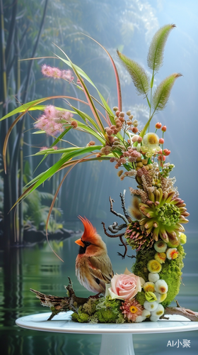 Artistic Flower Arrangement: Indian Sparrow on Branch