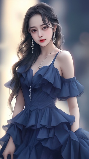 Dilraba Dilmurat, a beautiful asian woman in a blue dress, in the style of uniformly staged images, effortlessly chic, light navy and dark blue, ferrania p30, high quality, eye-catching, feminine body