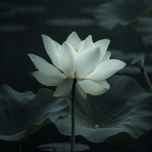 A white lotus flower blooms, green leaves and stem hanging down from the top left corner of the picture, dark background, water droplets on petals, Zen minimalism aesthetics, ultrahigh definition resolution photography, high detail, hyperrealistic photography, surrealistic photography, cinematic shot, masterpiece, award-winning works in the style of Zen minimalism. ar 9:16 stylize 300 v 6