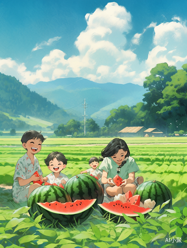 Children Eating Watermelons in Green Rice Fields