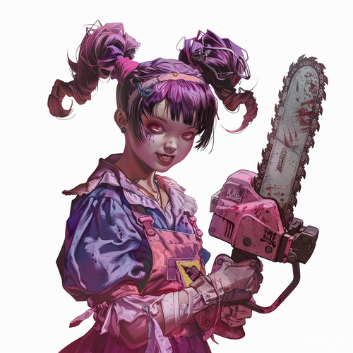 紫色裙女孩手持电锯，邪恶凝视