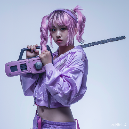 粉色双马尾女孩持电锯恐怖全身图