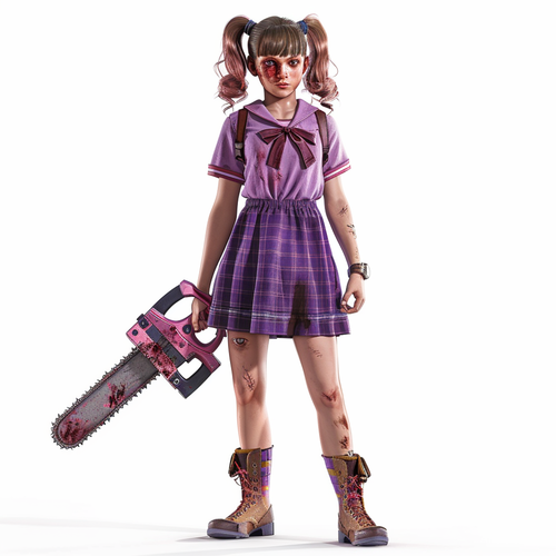 粉色双马尾女孩持电锯恐怖全身图