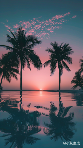 海边椰树落日晚霞线稿图