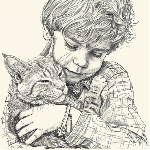 小男孩抱猫线稿图