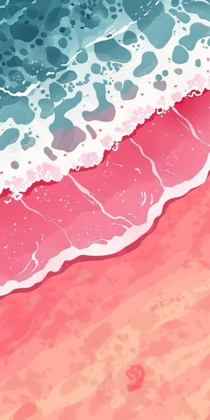 A cartoon-style flat illustration of an pink beach andsea,viewedfrom above.The top half is pink beach,while the bottom thirdfeatures detailed clear sea.ln the style of Studio Ghibli'sanimation,This design could be used as a background forchildren or young adults'books,game graphics,or storybookillustrations niji 6 ar 9:16