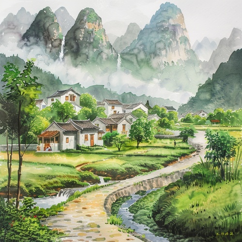 水彩画中国风格的河边小村庄风景画，背景是雾蒙蒙的山脉，白色的天空，道路两侧的绿草和树木，一条小溪流过村庄，瀑布从山边倾泻而下，宁静的气氛，传统的国际象棋风格的水墨艺术，柔和的粉彩，高分辨率，画面周围有一个白色的边界，印刷质量，画面中看不到文字或字母，高细节