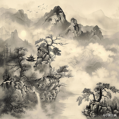 水墨山水AI绘 雾绕云蒸山水情