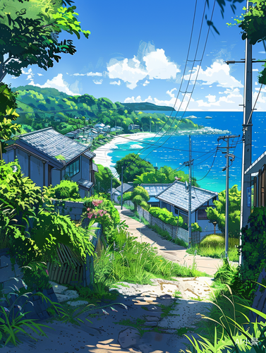 Vibrant Anime Art of Kawaguchiko Beach