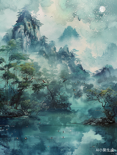 江南乡村美景：绿树成荫，山环溪流，鸟鱼蝶舞