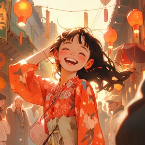 中国女孩微笑行走大街