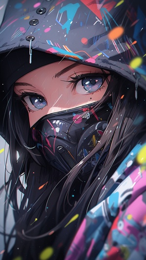 Girl, painted with graffiti, anime style, dark color palette, ultra-detailed portraits, ultra-realistic color illustrations, with unique character design.ar 3:4