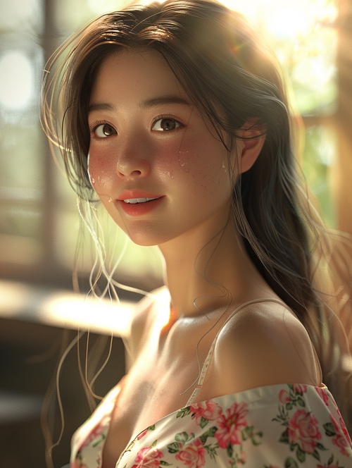 A cheerful and sweet woman, with a lovely oval face, a sunny aura, a smile, wearing a floral dress, bright sunlight, vivid light and shadow, delicate appearance, high-quality CG, movie-level picture quality, warm atmosphere, beautiful. Confidently looking towards the future, long hair, black eyes, expressive eyes, delicate nose, rosy lips, charming smile, front view, full-body portrait, high-quality CG, 8K resolution, clear and clean background.