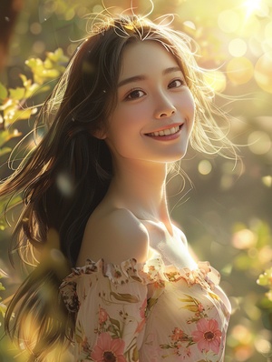 A cheerful and sweet woman, with a lovely oval face, a sunny aura, a smile, wearing a floral dress, bright sunlight, vivid light and shadow, delicate appearance, high-quality CG, movie-level picture quality, warm atmosphere, beautiful. Confidently looking towards the future, long hair, black eyes, expressive eyes, delicate nose, rosy lips, charming smile, front view, full-body portrait, high-quality CG, 8K resolution, clear and clean background.