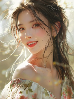 A cheerful and sweet woman, with a lovely oval face, a sunny aura, a smile, wearing a floral dress, bright sunlight, vivid light and shadow, delicate appearance, high-quality CG, movie-level picture quality, warm atmosphere, beautiful. Confidently looking towards the future, long hair, black eyes, expressive eyes, delicate nose, rosy lips, charming smile, front view, full-body portrait, high-quality CG, 8K resolution, clear and clean background.