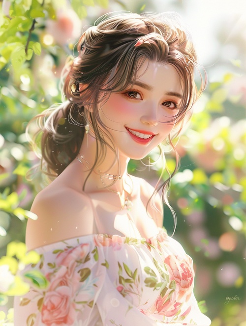 A cheerful and sweet woman, with a lovely oval face, a sunny aura, a smile, wearing a floral dress, bright sunlight, vivid light and shadow, delicate appearance, high-quality CG, movie-level picture quality, warm atmosphere, beautiful. Confidently looking towards the future, long hair, black eyes, expressive eyes, delicate nose, rosy lips, charming smile, front view, full-body portrait, high-quality CG, 8K resolution, clear and clean background.