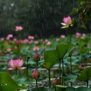 开满荷花的池塘，下雨了