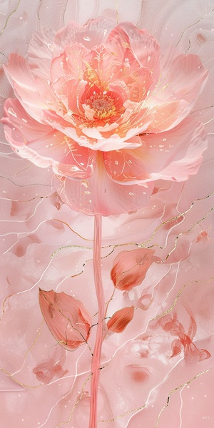 This artwork features a fully bloomed pik rose . Inspired by the style of Liu Ye, it carries realistic, artistic strokes with organic forms and clear lines. The piece incorporates pale pink and gold threads against a soft, pale pink background, blending elements from James Turrell, Nick Veasey, and Rene Lalique. It portrays a clear texture and detailed perspective, brimming with vibrant beauty. The interplay of light and shadow creates artistic tension, embodying a modern, minimal, and contemporary art styl