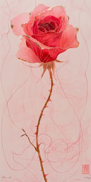 This artwork features a bloomed red rose . Inspired by the style of Liu Ye, it carries realistic, artistic strokes with organic forms and clear lines. The piece incorporates pale pink and gold threads against a soft, pale pink background, blending elements from James Turrell, Nick Veasey, and Rene Lalique. It portrays a clear texture and detailed perspective, brimming with vibrant beauty. The interplay of light and shadow creates artistic tension, embodying a modern, minimal, and contemporary art style styl