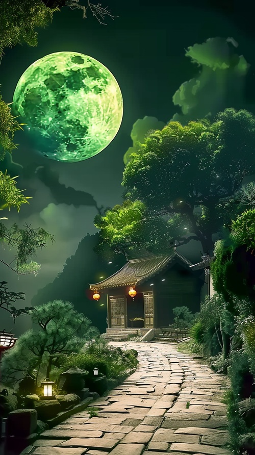 这幅图片描绘了一个宁静而神秘的夜景。画面中央是一幢东方风格的小屋，屋顶上种有植物，为这个场景增添了一丝自然气息。小屋周围被茂盛的绿树环绕，与夜晚的黑暗形成鲜明对比，营造出一种宁静的氛围。一条通往小屋的石头路在画面中十分显眼，路面上有一排圆锥形的路灯，为夜晚的道路提供照明。路旁是一片树林，树上挂着各种色彩斑斓的彩灯，给画面带来一种节日般的氛围。整个画面中，最引人注目的是挂在天空中的巨大而明亮的绿色月亮，它为整个场景投下一层柔和的光辉，使整个画面呈现出一种神秘和宁静的气氛。总的来说，这幅图片展示了一个充满想象力和神秘感的夜景，让人不禁联想到各种奇幻故事和传说。