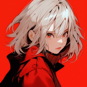 1 girl,head portrait,front face facing the audience,open one eye and close one eye,pouting lips,wearing a shoulder-exposed red coat,cute,solid color background,