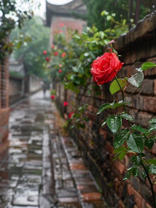 一朵蔷薇花绽放w在墙头，下雨天，hua duo上有水珠，远景为墙