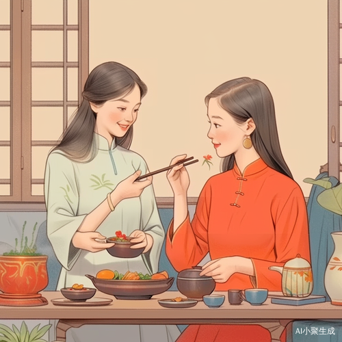 温馨时尚：母女喝茶交流在咖啡厅