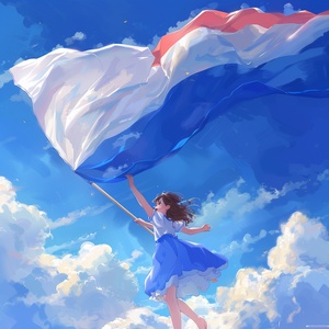 The little girl or boy in the blue dress held up a big national flag, with her back to us and standing on top of clouds floating high above, smiling at me as she looked down from behind. In the style of Ghibli, in an anime style, in a cartoon animation style, with a sky background, as a full body shot, as a close-up shot, with high resolution, with high detail, colorful, of high quality, of high definition.