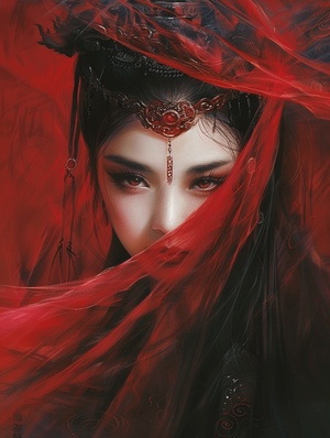 流动丝绸，Luis Royo，Anna Dittmann，暗黑魔幻，红色血月为背景，前景纱幔，极薄黑色纱幔飞舞，暗黑魔幻，幻想一个绝美的唐朝少女身穿唐朝红色喜服，phoenix coronet and robes of rank，红色纱帘垂落，新娘半遮面，脸蛋妩媚妖娆，美丽的眼睛，瞳孔追光，殷红唇色，冷白皮，少女感，手中缠绕着万千红线，坐在喜帐里，黑红交织，符文若隐若现，极繁主义，大师级构图，高清画质