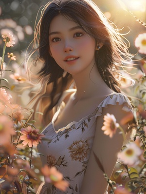 A cheerful and sweet woman, with a lovely oval face, a sunny aura, a smile, wearing a floral dress, bright sunlight, vivid light and shadow, delicate appearance, high-quality CG, movie-level picture quality, warm atmosphere, beautiful. Confidently looking towards the future, long hair, black eyes, expressive eyes, delicate nose, rosy lips, charming smile, front view, full-body portrait, high-quality CG, 8K resolution, clear and clean background.