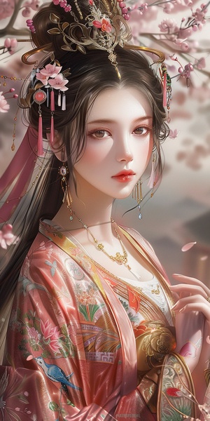 中国古典美女，丰满身材，微笑闭嘴，肤如凝脂，梅花环绕，金色宫殿，红色地毯，盘发精致，鲜艳色彩，清纯美丽，独奏姿态，珠宝点缀，花形发饰，杰作级质量，绝世容颜，色彩缤纷的纱质衣裙，细长眉毛，全身照，丹凤眼，柔和侧光，高光细节，环境光，长焦镜头，自然色彩，静态美，传统服饰，细腻肌肤，优雅姿态，古典美，柔和光线。模型：MJ6.0（真实质感）