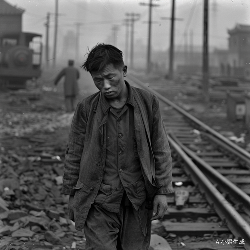 1937年中国青年在铁路边行走