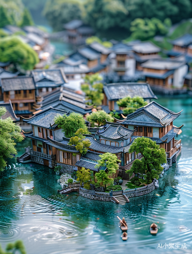 青砖灰瓦的江南小镇河畔绿树环绕