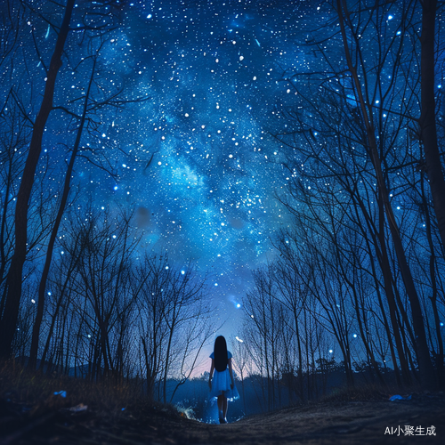 夜晚星空下的广角美少女与神秘树林