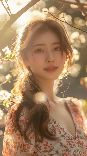 A cheerful and sweet woman, with a lovely oval face, a sunny aura, a smile, wearing a floral dress, bright sunlight, vivid light and shadow, delicate appearance, high-quality CG, movie-level picture quality, warm atmosphere, beautiful. Confidently looking towards the future, long hair, black eyes, expressive eyes, delicate nose, rosy lips, charming smile, front view, full-body portrait, high-quality CG, 8K resolution, clear and clean background.