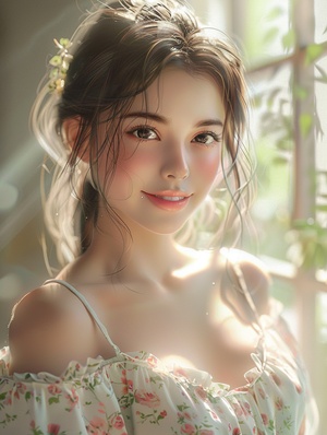 A cheerful and sweet woman, with a lovely oval face, a sunny aura, a smile, wearing a floral dress, bright sunlight, vivid light and shadow, delicate appearance, high-quality CG, movie-level picture quality, warm atmosphere, beautiful. Confidently looking towards the future, long hair, black eyes, expressive eyes, delicate nose, rosy lips, charming smile, front view, full-body portrait, high-quality CG, 8K resolution, clear and clean background.