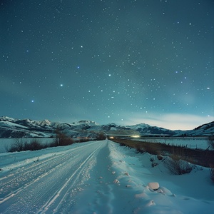 广角，大景深，冬天夜晚，星空，远处的群山，白雪