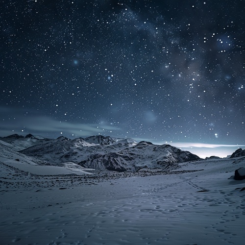 广角，大景深，冬天夜晚，星空，远处的群山，白雪