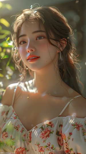 A cheerful and sweet woman, with a lovely oval face, a sunny aura, a smile, wearing a floral dress, bright sunlight, vivid light and shadow, delicate appearance, high-quality CG, movie-level picture quality, warm atmosphere, beautiful. Confidently looking towards the future, long hair, black eyes, expressive eyes, delicate nose, rosy lips, charming smile, front view, full-body portrait, high-quality CG, 8K resolution, clear and clean background.