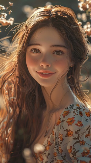 A cheerful and sweet woman, with a lovely oval face, a sunny aura, a smile, wearing a floral dress, bright sunlight, vivid light and shadow, delicate appearance, high-quality CG, movie-level picture quality, warm atmosphere, beautiful. Confidently looking towards the future, long hair, black eyes, expressive eyes, delicate nose, rosy lips, charming smile, front view, full-body portrait, high-quality CG, 8K resolution, clear and clean background.