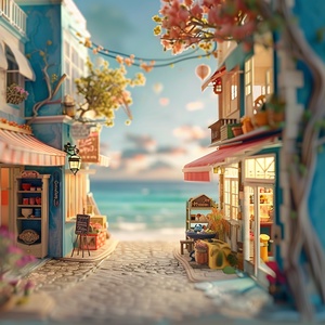 3D miniature scene • endless sea, some stores are neatly located by the seaside. The sunlight shines through the window onto street .Bright colors, bold color schemes, miniature landscapes with the sky as the background, and dreamy realism style scenes are all rendered using wide-angle lenses and depth of field, creating a paper art illustration style with axial shift photography effects and ultra clear details. The colors are bright, the color scheme is bold, and the foreground is blurry.