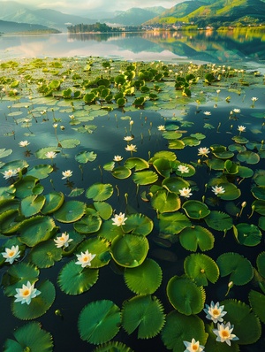 鸟瞰图，湖面上漂浮着许许多多的睡莲，10000朵白色睡莲，远处青山，天际线，高清摄影