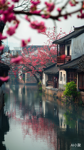 江南老宅樱花树河流景深高清