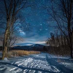 广角，大景深，冬天夜晚，星空，雪景，树林，远处的群山，静谧的感觉