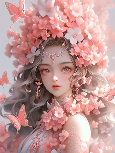 Exquisite Chinese Girl with Curly Hair and Pink Flowers