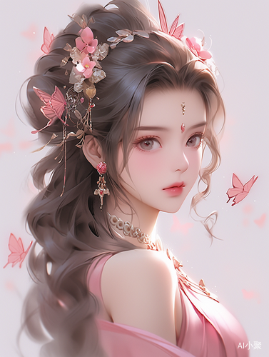 Exquisite Chinese Girl with Curly Hair and Pink Flowers