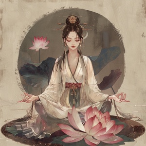 crosslegged, Meditate with your eyes closed, a lotus, dressed in chinese clothes, the painting style refers to qibaishi, xu beihong, God rays, Halo, Rim light, frontal forward,symmetrical composition, tang dynasty, charming characters, cute and dreamy ar 3:4s 300niji 5