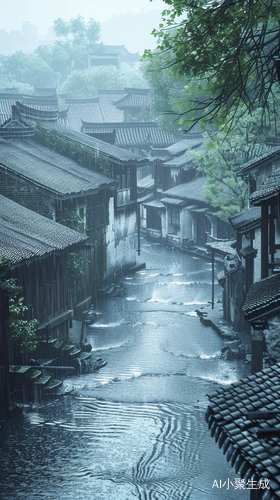 江南古镇烟雨小河青砖灰瓦