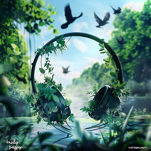 As an experienced podcast cover designer, please design a beautiful cover for an audiobook podcast centered on the theme of "Truly Happy People", incorporating elements such as forests, bird chirping, and sea waves to create an atmosphere of tranquility and harmony，No text。Thank you.