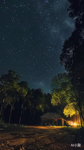 星空夜晚下的树林广角景象